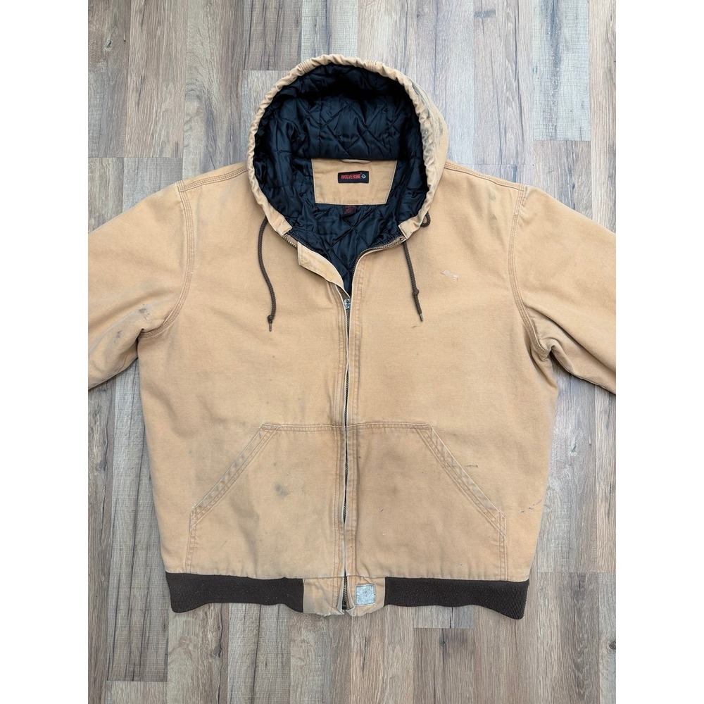 Wolverine Canvas Work Jacket XL Tall‎ Hooded Brown Distressed Paint Stains